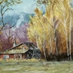 Artify 學員作品｜秋天山中小屋與炊煙裊裊的水彩風景畫
