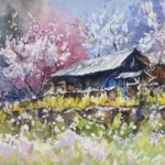 Artify 學員作品｜水彩描繪春日山上人家，油菜花與櫻花盛開的景色