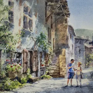 水彩城市街景與建築風格繪畫，展現光影與都市氛圍