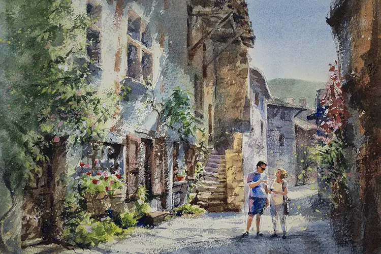 水彩城市風景畫作，呈現街景與建築特色