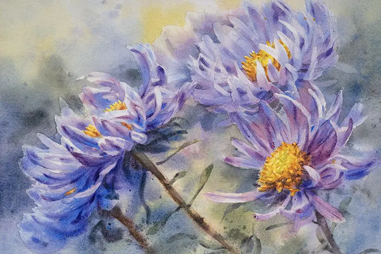 水彩花卉與植物畫作，色彩柔和、層次分明