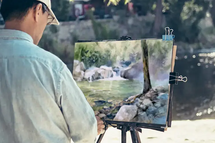 橫式 3:2 构圖的水彩風景畫，呈現山川河流與光影變化